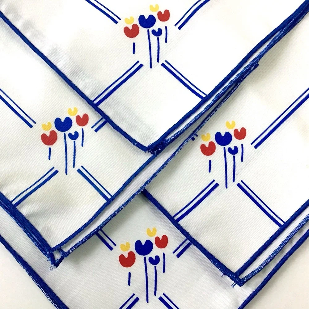 Vintage 1980s Cloth Napkins Set of 4 White Blue Edge Red Yellow Abstract Flower